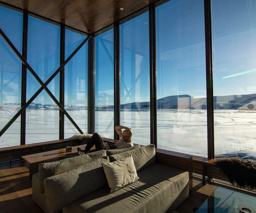 a modern room with big windows